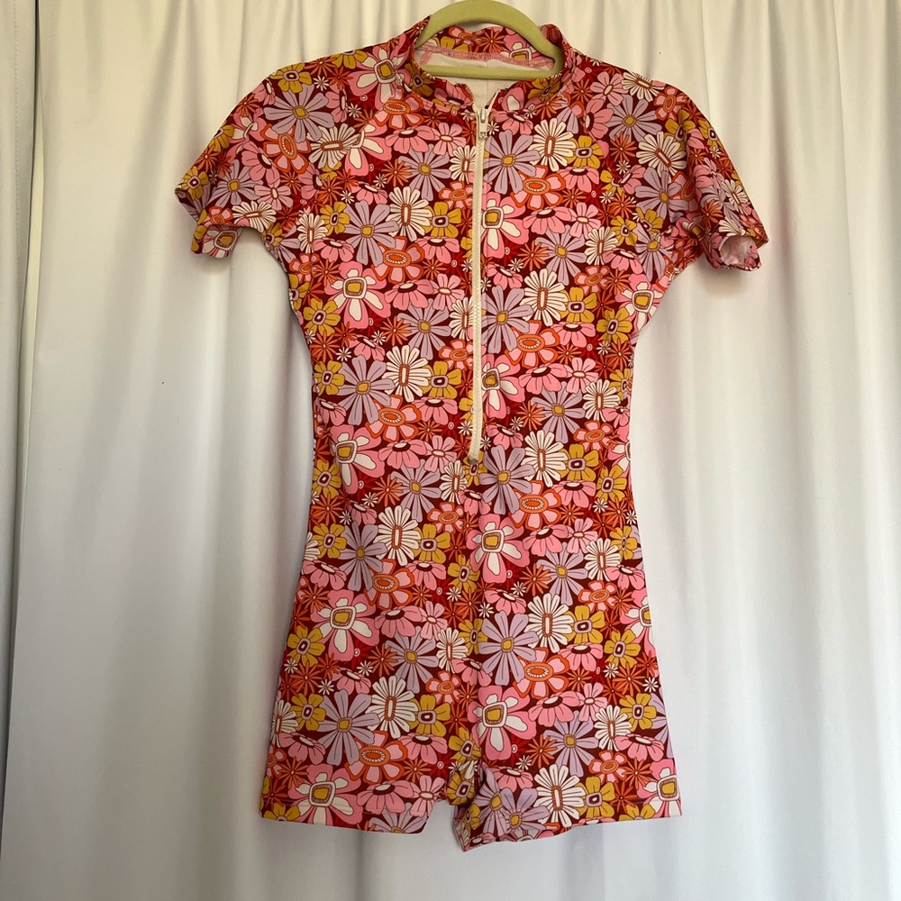 Lime Ricki Retro Floral Pink Orange Red Short Sleeve Zip Swim Romper